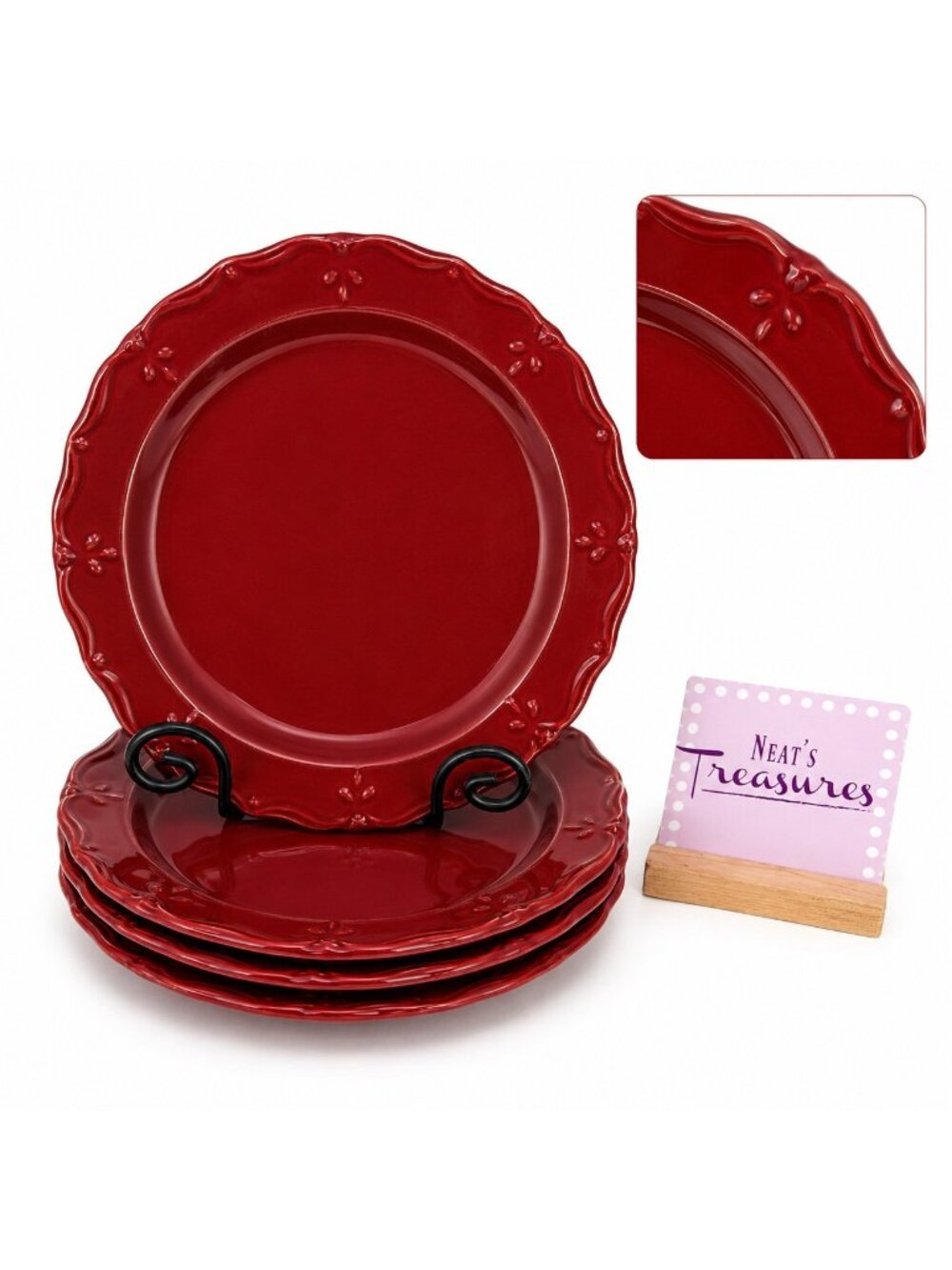 Home Trends BELLCREST BURGANDY Embossed Scroll Dot Oven Safe Dinner Plates Set 4